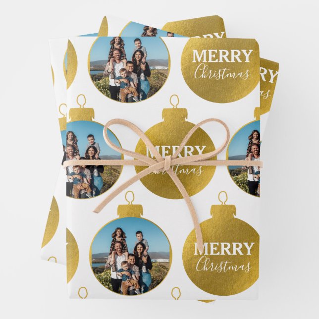 Custom Elegant Gold Photo Ornaments Christmas Wrapping Paper Sheets (In situ)