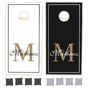 Custom Elegant Gold Script Monogram Black & White Cornhole Set