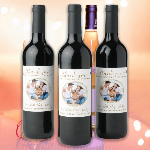 Custom Elegant Gold Thank You Photo Pet Wedding Wine Label