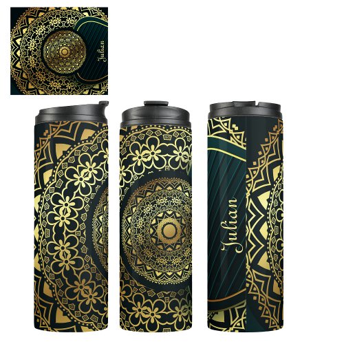 Custom Elegant Green Faux Gold Mandala Thermal Tumbler