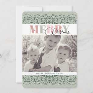 Custom Elegant Green & Pink Photo Christmas Cards