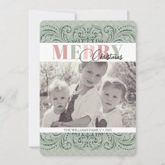 Custom Elegant Green & Pink Photo Christmas Cards