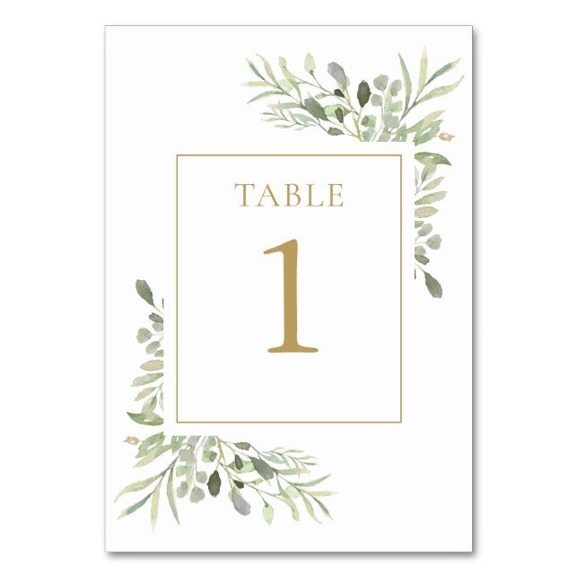 Custom Elegant Greenery Gold Table Number (Front)