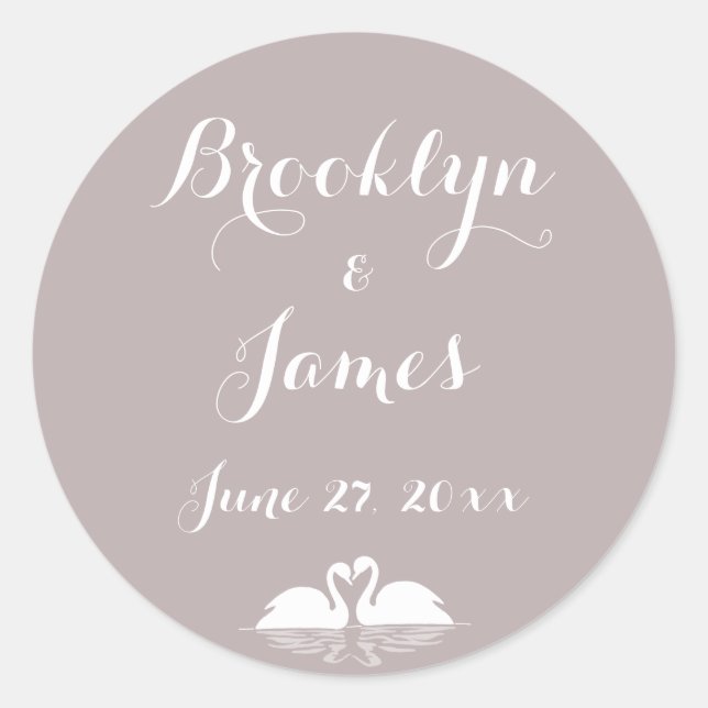 Custom Elegant Grey Wedding Stickers With Swans (Front)