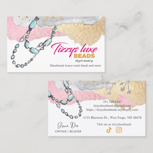 CUSTOM Elegant Handcrafted Bead Jewelry V2 R1 Busi Business Card (Front/Back)