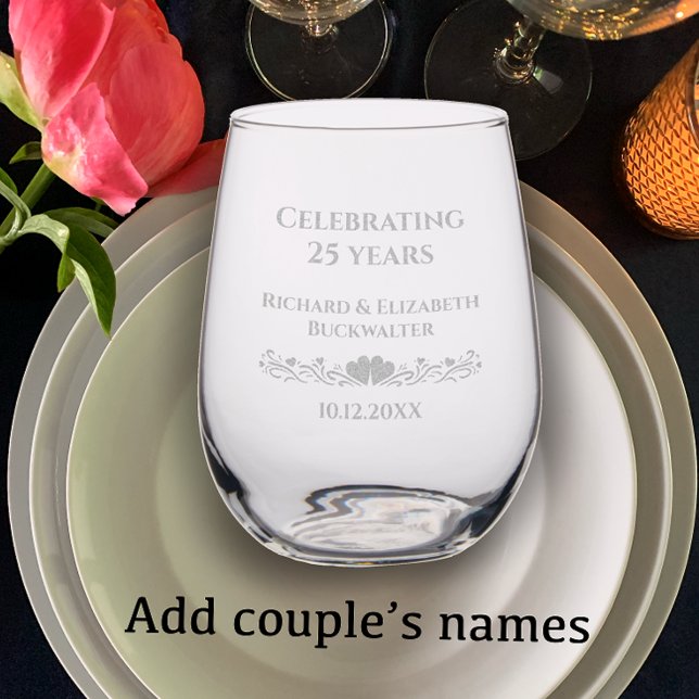 Custom Elegant Heart 25th Wedding Anniversary Gift Stemless Wine Glass (Add couple’s names for personalized elegant  heart 25th wedding anniversary gift keepsake glass)