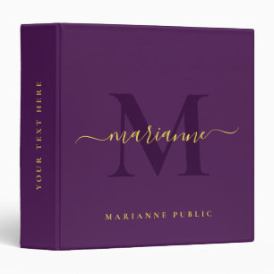 Custom Elegant Initial Monogram Purple & Gold Text 3 Ring Binder