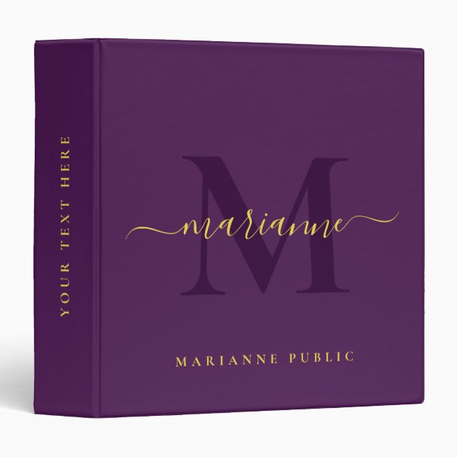 Custom Elegant Initial Monogram Purple & Gold Text 3 Ring Binder (Front/Spine)