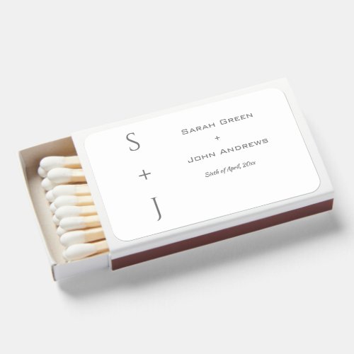 Custom Elegant Initial White Grey Wedding Favor  Matchboxes