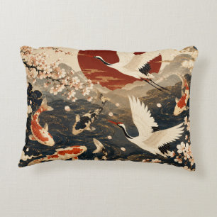 Custom Elegant Japanese Koi & Crane Art Accent Pillow