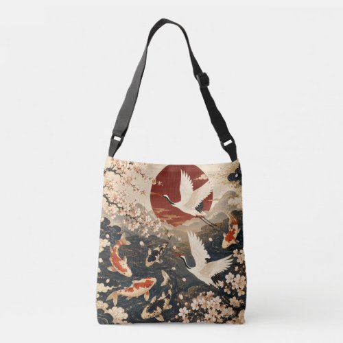 Custom Elegant Japanese Koi & Crane Art Crossbody Bag