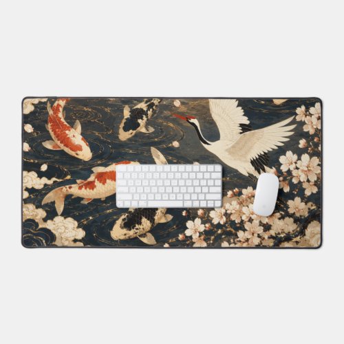 Custom Elegant Japanese Koi & Crane Art Desk Mat