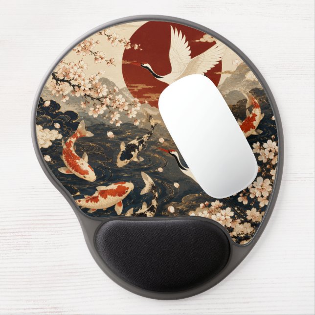 Japanese koi fish and crane artistic gel mouse pad