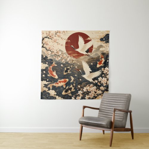 Custom Elegant Japanese Koi & Crane Art Tapestry