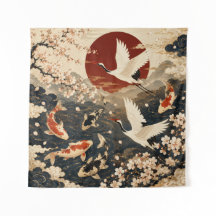 Custom Elegant Japanese Koi & Crane Art Tapestry