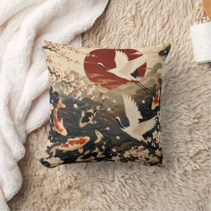 Custom Elegant Japanese Koi & Crane Art Throw Pillow