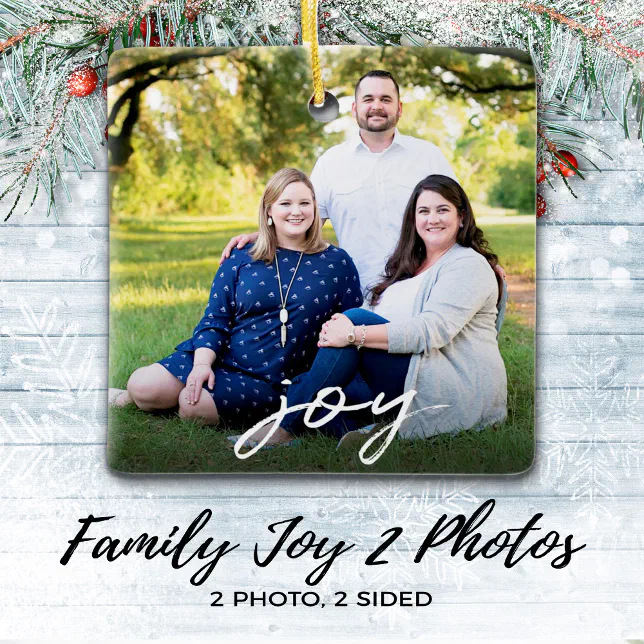 Custom Elegant Joy 2-Sided Family Photo Christmas Ceramic Ornament | Zazzle