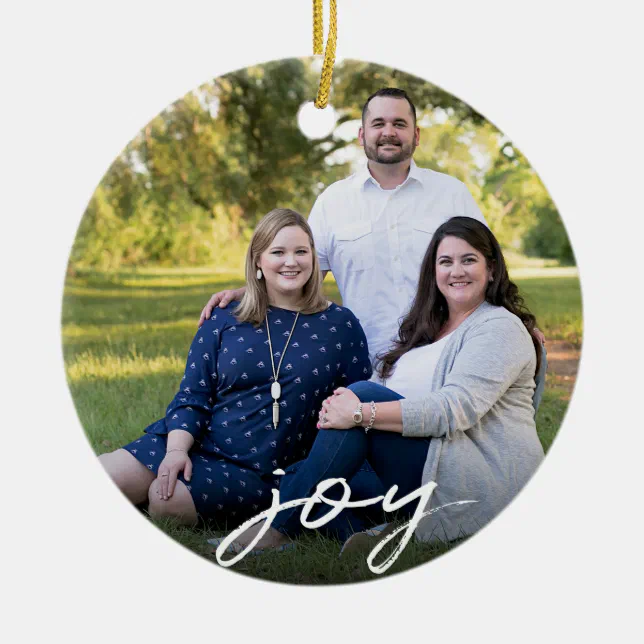 Custom Elegant Joy 2-Sided Family Photo Christmas Ceramic Ornament | Zazzle