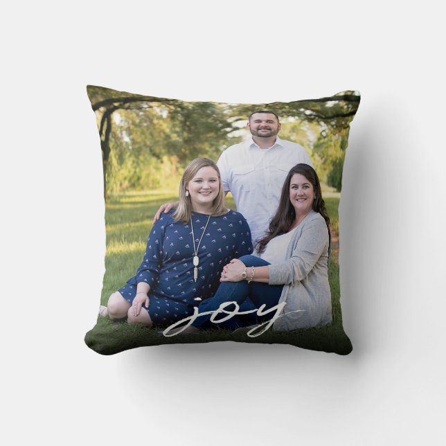 Custom Elegant Joy 2-Sided Family Photo Christmas Throw Pillow (Front)