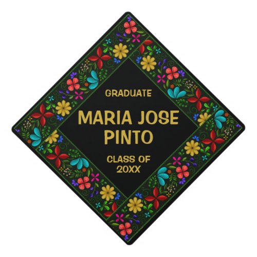 Custom Elegant Latin American Folk Floral  Graduation Cap Topper
