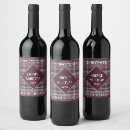 Custom Elegant Mauve Taupe Teal Plaid Tartan Check Wine Label