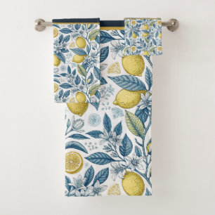 Custom Elegant Mediterranean Lemon Botanical Navy Bath Towel Set