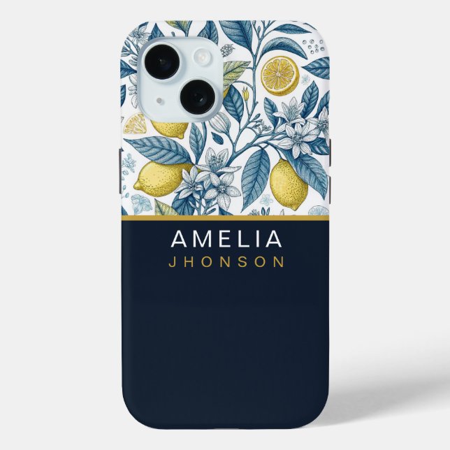 Custom Elegant Mediterranean Lemon Botanical Navy Case-Mate iPhone Case (Back)