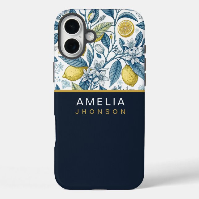 Custom Elegant Mediterranean Lemon Botanical Navy Case-Mate iPhone Case (Back)