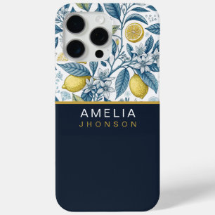 Custom Elegant Mediterranean Lemon Botanical Navy iPhone 15 Pro Max Case