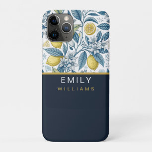 Custom Elegant Mediterranean Lemon Botanical Navy iPhone 11 Pro Case