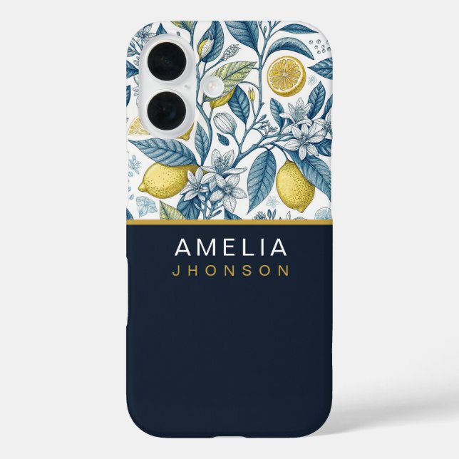 Custom Elegant Mediterranean Lemon Botanical Navy Case-Mate iPhone Case (Back)