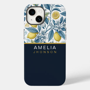 Custom Elegant Mediterranean Lemon Botanical Navy Case-Mate iPhone 14 Case