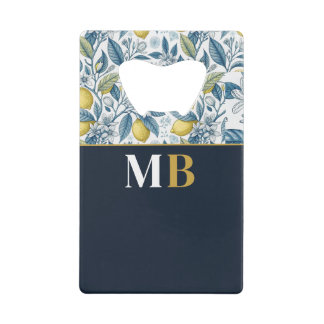 Custom Elegant Mediterranean Lemon Botanical Navy Credit Card Bottle Opener