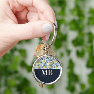 Custom Elegant Mediterranean Lemon Botanical Navy Keychain