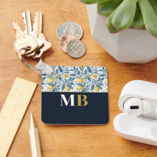 Custom Elegant Mediterranean Lemon Botanical Navy Keychain
