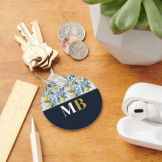 Custom Elegant Mediterranean Lemon Botanical Navy Keychain