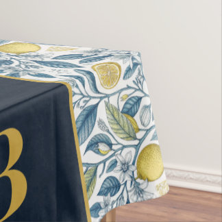 Custom Elegant Mediterranean Lemon Botanical Navy Tablecloth