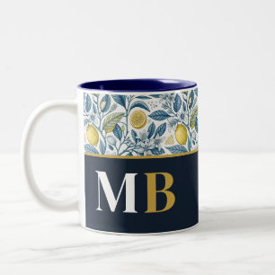 Custom Elegant Mediterranean Lemon Botanical Navy Two-Tone Coffee Mug