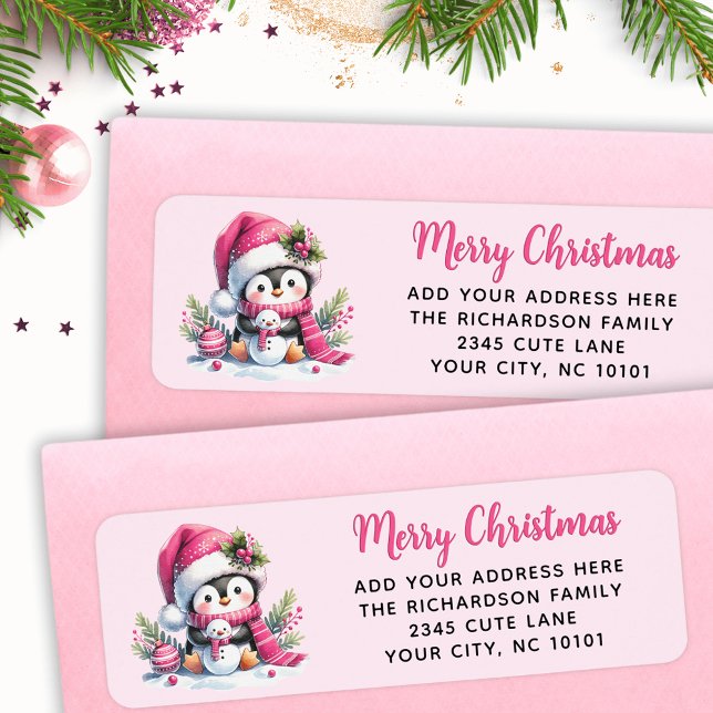 Custom Elegant Merry Christmas Cute Penguin Pink Label (Creator Uploaded)