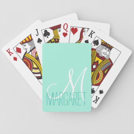 Custom Elegant Mint Green Monogram Playing Cards