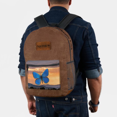 Custom Elegant mixed brown leather with sunset Printed Backpack