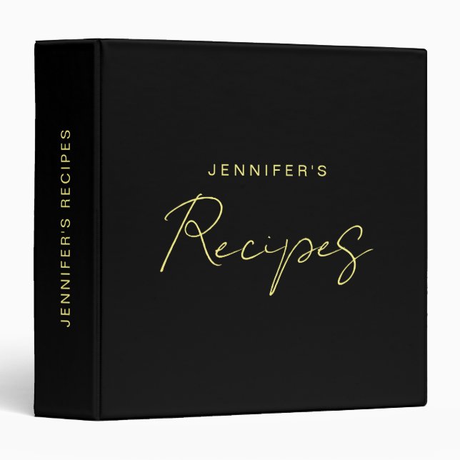 Custom Elegant Modern Black Gold Script Recipe 3 Ring Binder (Front/Spine)