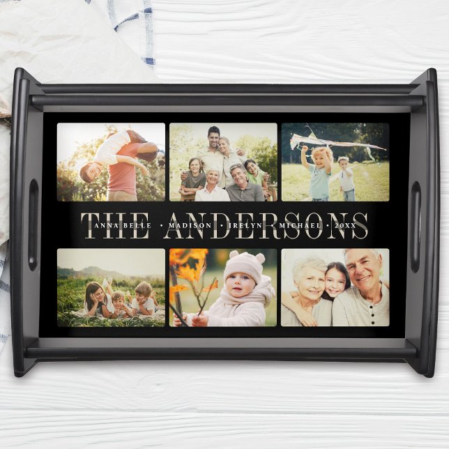 Custom Elegant Modern Family Name Photo Collage Serving Tray (Creator Uploaded)