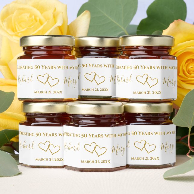 Custom Elegant Modern Heart 50th Anniversary Party Honey Jar Favors (Insitu)