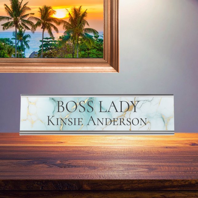 Custom Elegant Modern Marble BOSS LADY Desk Name Plate (Creator Uploaded)