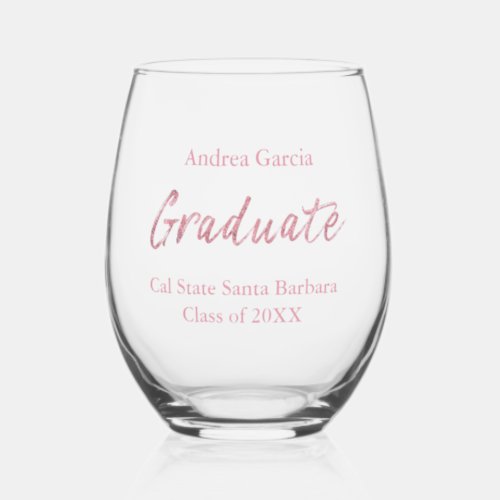 Custom Elegant Modern Pink Brush Script Graduate Stemless Wine Glass