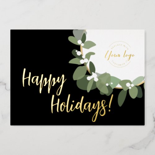 Custom Elegant Modern Wreath Metallic Logo Foil Holiday Card