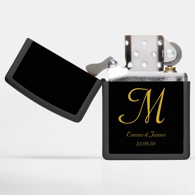 Custom Elegant Monogram Black Gold Script Initial Zippo Lighter (Opened)