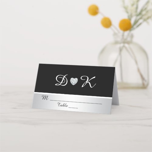 Custom Elegant Monogram Black Silver Heart Wedding Place Card
