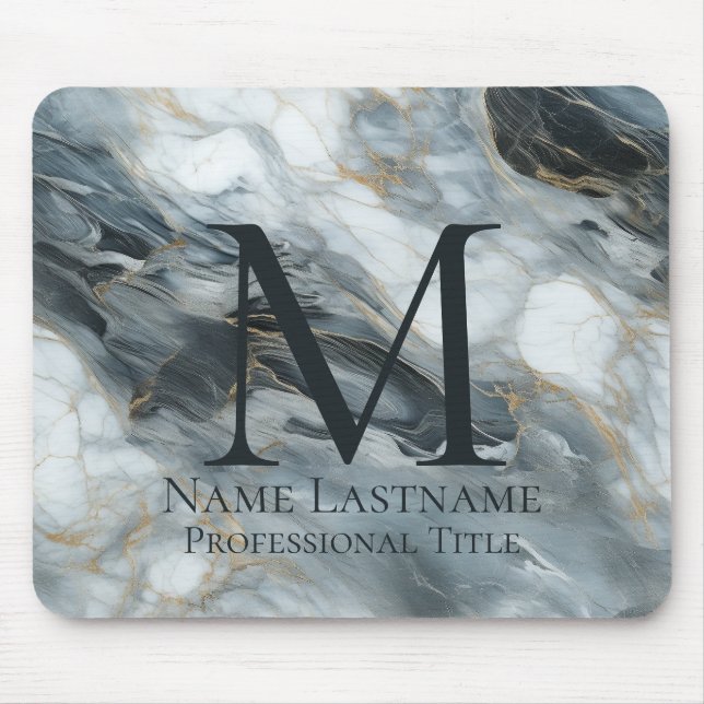 Custom Elegant Monogram Blue Gray Black Marble Mouse Pad (Front)